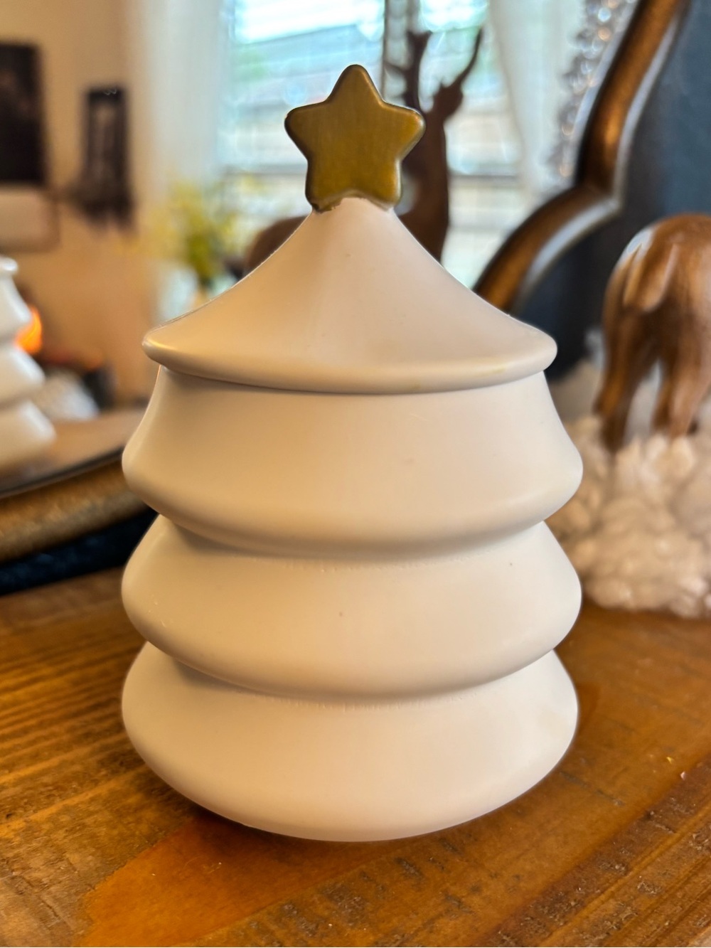 Hand Crafted Cream Ceramic Christmas Tree Jar with Gold Star